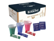 KIT ACCESSORI CAFFÈ con 150 BUSTINE DI ZUCCHERO + 150 BICCHIERINI + 150 PALETTINE - CAFFÈ BORBONE