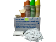 KIT ACCESSORI CAFFÈ BIO con 150 BUSTINE DI ZUCCHERO + 150 BICCHIERINI DI CARTA + 150 PALETTINE IN LEGNO - EUROCHIBI® LINEA BIODEGRADABILE COMPOSTABILE RICICLABILE