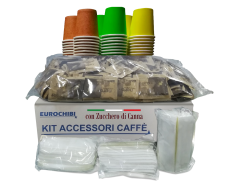KIT ACCESSORI CAFFÈ con 150 BUSTINE DI ZUCCHERO DI CANNA + 150 BICCHIERINI + 150 PALETTINE - EUROCHIBI® LINEA ALTA QUALITÀ