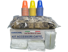 KIT ACCESSORI CAFFÈ con 150 BUSTINE DI ZUCCHERO DI CANNA + 150 BICCHIERINI + 150 PALETTINE - EUROCHIBI® LINEA ALTA QUALITÀ