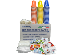 KIT ACCESSORI CAFFÈ con 150 BUSTINE DI ZUCCHERO + 150 BICCHIERINI + 150 PALETTINE - EUROCHIBI® LINEA ALTA QUALITÀ