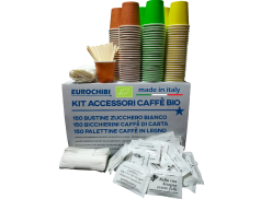 KIT ACCESSORI CAFFÈ BIO con 150 BUSTINE DI ZUCCHERO + 150 BICCHIERINI DI CARTA + 150 PALETTINE IN LEGNO - EUROCHIBI® LINEA BIODEGRADABILE COMPOSTABILE RICICLABILE