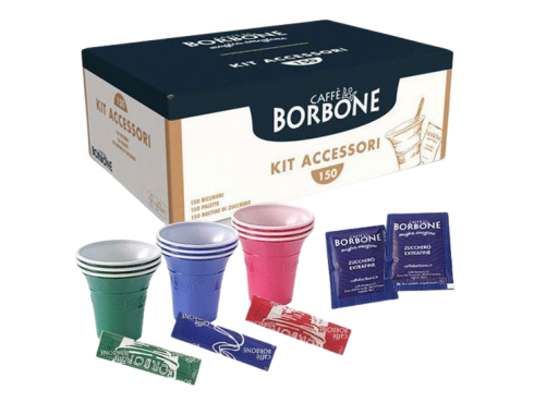 KIT ACCESSORI CAFFÈ con 150 BUSTINE DI ZUCCHERO + 150 BICCHIERINI + 150 PALETTINE - CAFFÈ BORBONE