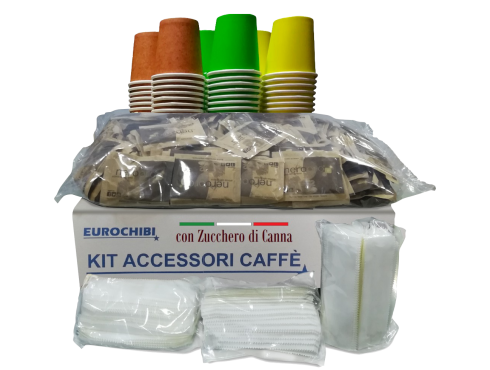 KIT ACCESSORI CAFFÈ con 150 BUSTINE DI ZUCCHERO DI CANNA + 150 BICCHIERINI + 150 PALETTINE - EUROCHIBI® LINEA ALTA QUALITÀ