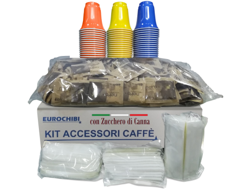 KIT ACCESSORI CAFFÈ con 150 BUSTINE DI ZUCCHERO DI CANNA + 150 BICCHIERINI + 150 PALETTINE - EUROCHIBI® LINEA ALTA QUALITÀ