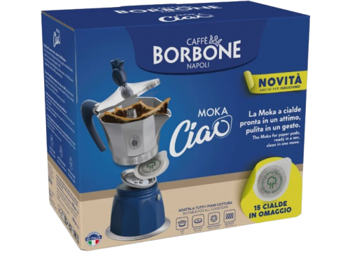 CAFFÈ BORBONE MOKACIAO CAFFETTIERA PER CIALDE ESE44 + 15 CIALDE OMAGGIO - COLORE NERO E ARGENTO (GAS - INDUZIONE - ELETTRICO - VETROCERAMICA)