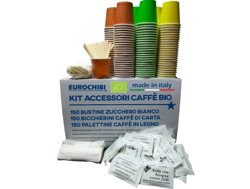 KIT ACCESSORI CAFFÈ BIO con 150 BUSTINE DI ZUCCHERO + 150 BICCHIERINI DI CARTA + 150 PALETTINE IN LEGNO - EUROCHIBI® LINEA BIODEGRADABILE COMPOSTABILE RICICLABILE