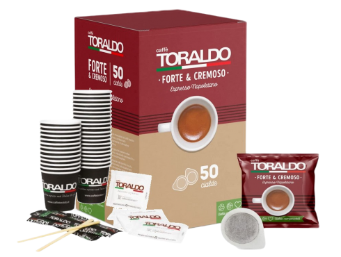 CAFFÈ TORALDO - MISCELA FORTE & CREMOSO - Kit 50 CIALDE ESE44 da 7.2g + ACCESSORI